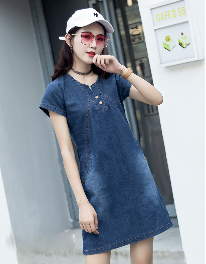 ĐẦM JEAN SUÔNG CỔ TRỤ TÚI XÉO
